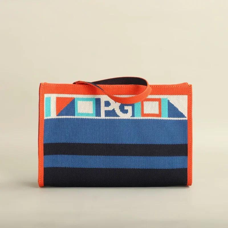 Niche Brand Design Women's Large-Capacity Tote Bag - Casual Light Luxury Striped Geometric Pattern, Zipper Closure, Durable Polyester, Red/Turquoise/Blue for Daily Commuting