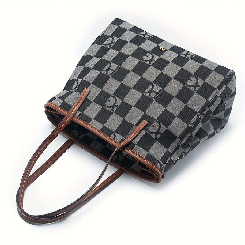 PG Women'S High-End Outdoor Tote Bag - Large Capacity, Versatile Commuter Handbag with Fixed Shoulder Straps, Zipper Closure, Canvas Lining, Black/Pink/Blue, Commuter Shoulder Bag | Checkered Pattern Bag | Durable Canvas Lining