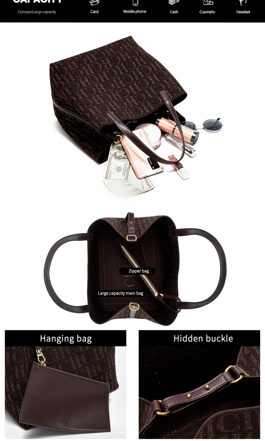 CH Ladies Shoulder Bag Simple Solid Colour Letter Print Design Ladies Tote Bag Large Capacity Daily Commuter Bag Ladies Crossbod