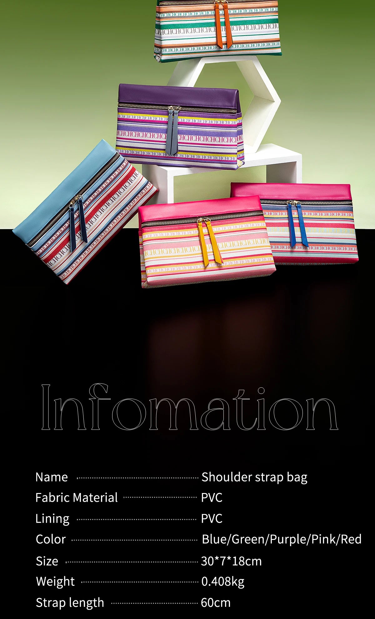 CH Fashion Zipper Design Striped Crossbody Bag Compact Multicolor Printed Lettering Elegant Brand Women's Bag