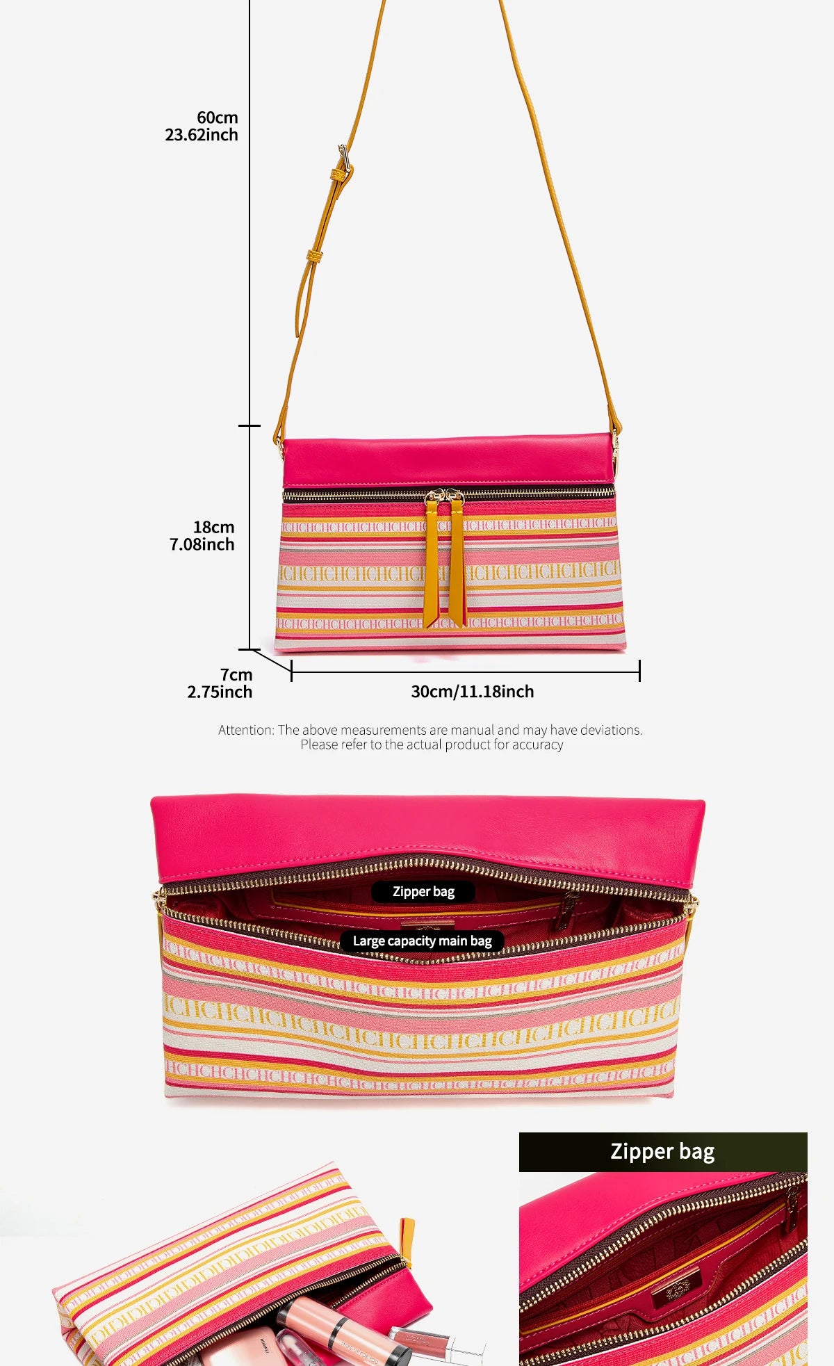 CH Fashion Zipper Design Striped Crossbody Bag Compact Multicolor Printed Lettering Elegant Brand Women's Bag