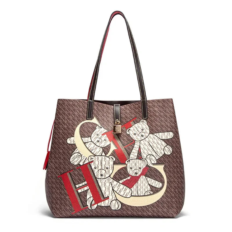 CH Luxury Brand Retro Classic Ladies Commuter Travel Bucket Bag 2024 Cartoon Bear Pattern Large Capacity Ladies Shoulder Bag