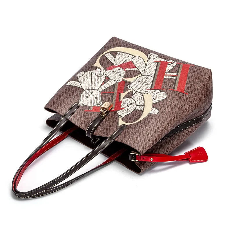 CH Luxury Brand Retro Classic Ladies Commuter Travel Bucket Bag 2024 Cartoon Bear Pattern Large Capacity Ladies Shoulder Bag