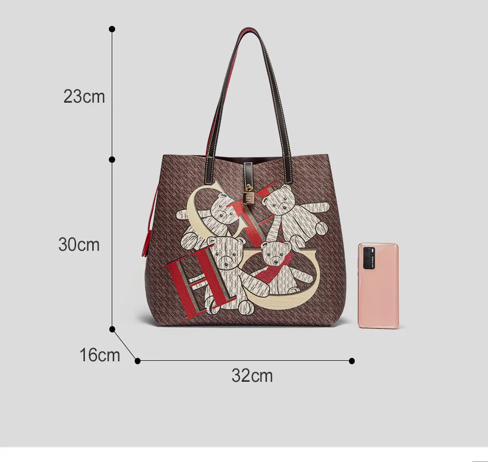 CH Luxury Brand Retro Classic Ladies Commuter Travel Bucket Bag 2024 Cartoon Bear Pattern Large Capacity Ladies Shoulder Bag