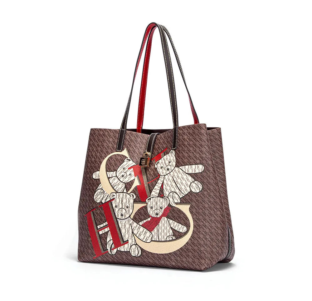 CH Luxury Brand Retro Classic Ladies Commuter Travel Bucket Bag 2024 Cartoon Bear Pattern Large Capacity Ladies Shoulder Bag