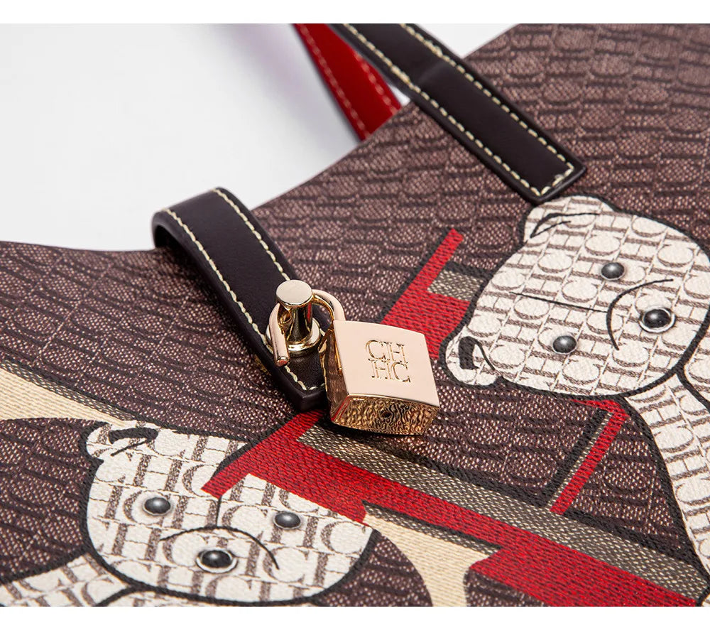 CH Luxury Brand Retro Classic Ladies Commuter Travel Bucket Bag 2024 Cartoon Bear Pattern Large Capacity Ladies Shoulder Bag