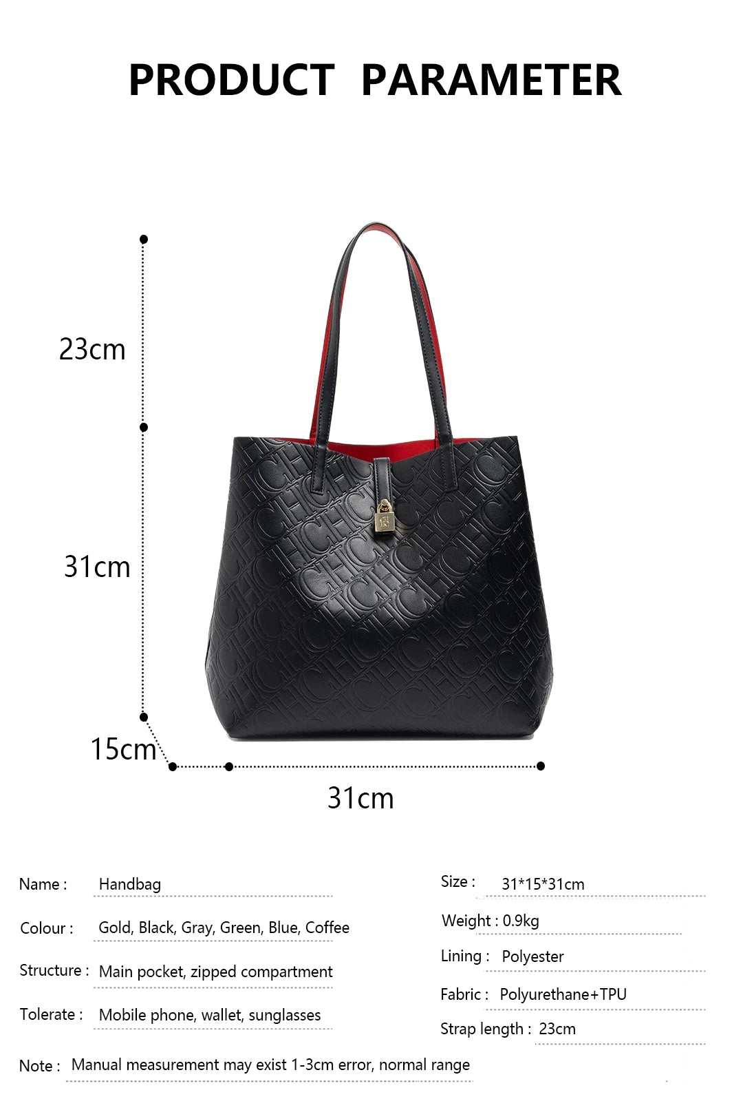 CH Ladies Shoulder Bag Classic Fashion Ladies Crossbody Premium Feeling Pure Colour Letter Embossed Design Handbag Large Capacit