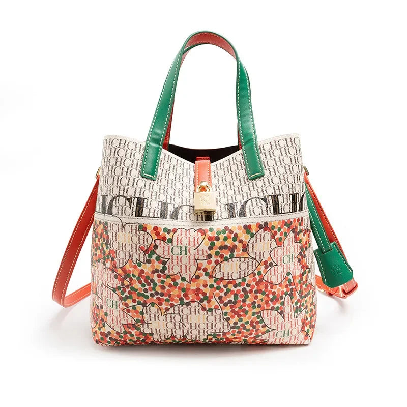 CH Exquisite Flower Printed Women's Leather Bag Fashion Design Women's Handbag Printed Women's Shoulder Large Capacity Bag