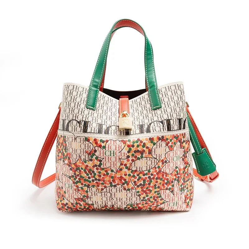 CH Exquisite Flower Printed Women's Leather Bag Fashion Design Women's Handbag Printed Women's Shoulder Large Capacity Bag