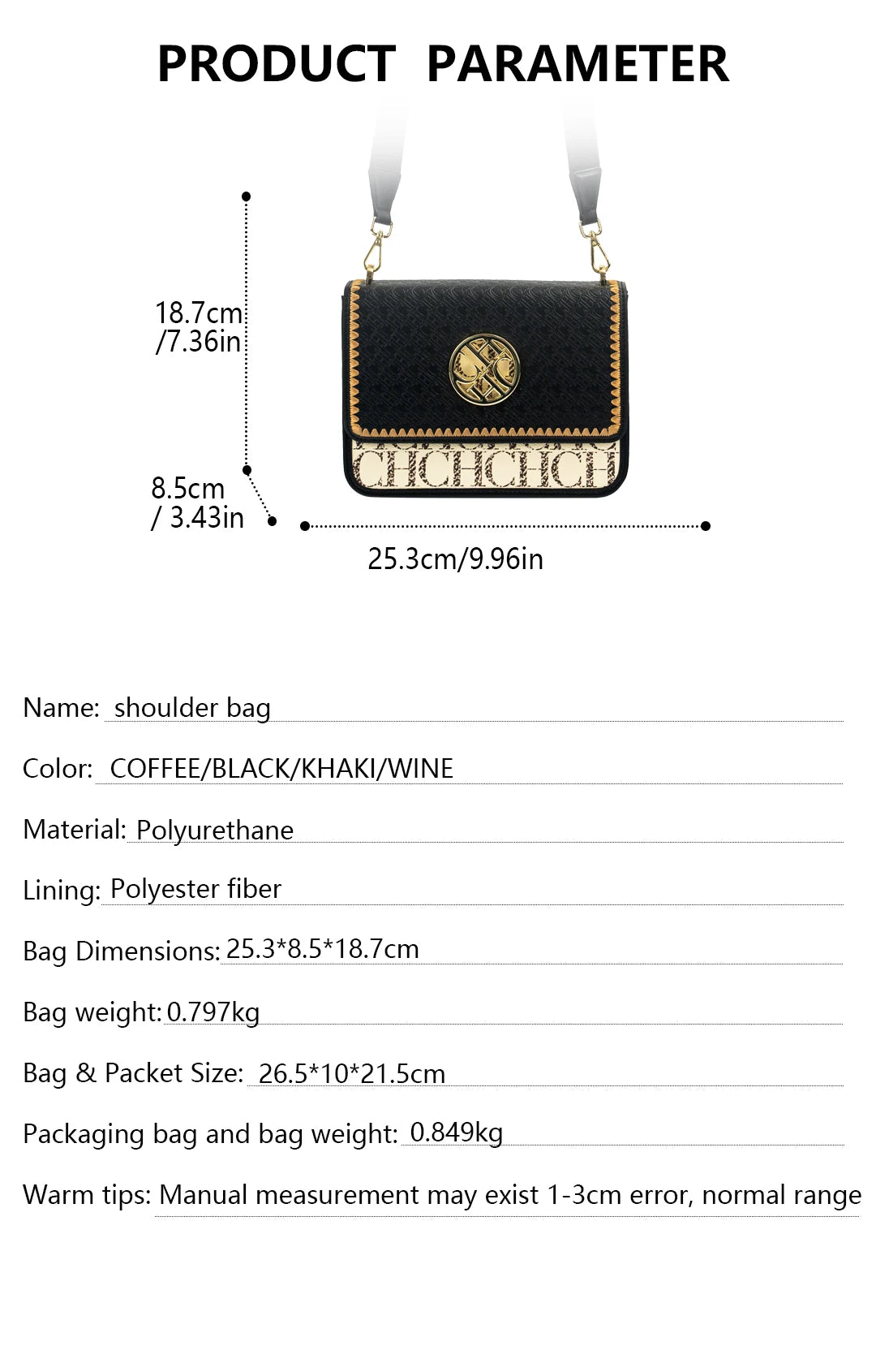 CH Solid Design Shoulder Bag Dark Letter Embossed Ladies Party Bag Exquisite Luxury Brand Fashion Design Handbag Classic
