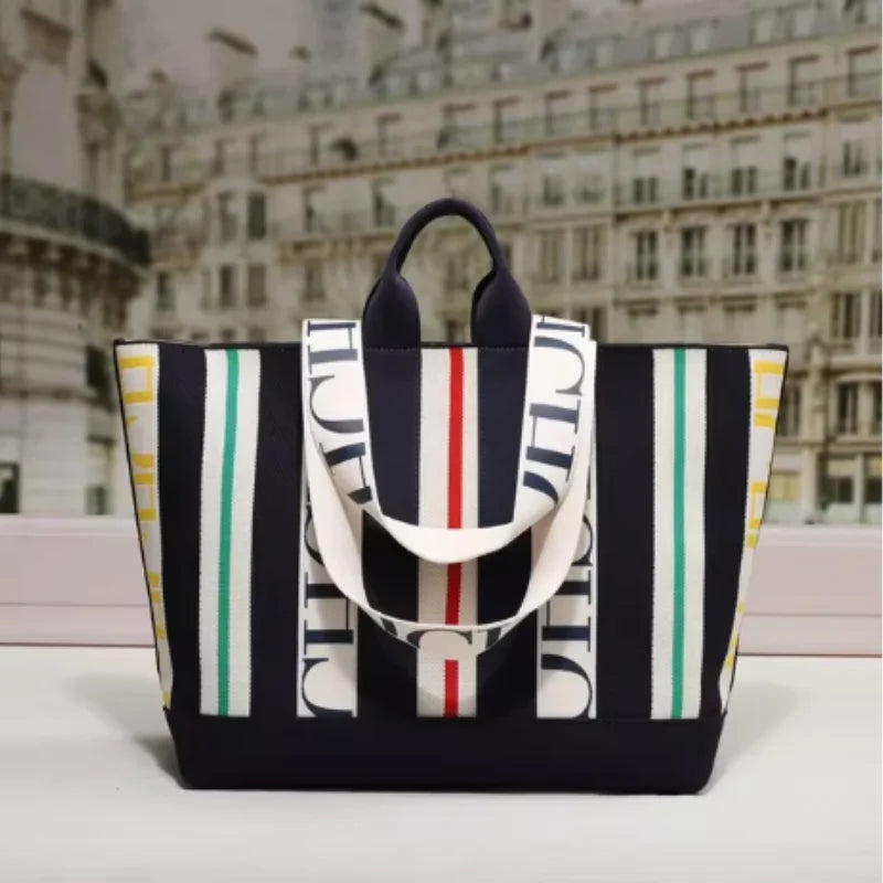 CH Women's Tote Bag Simple Stripe Design Women's Shoulder Bag Letter Print Large Capacity Commuter Style Classic Ladies Crossbod