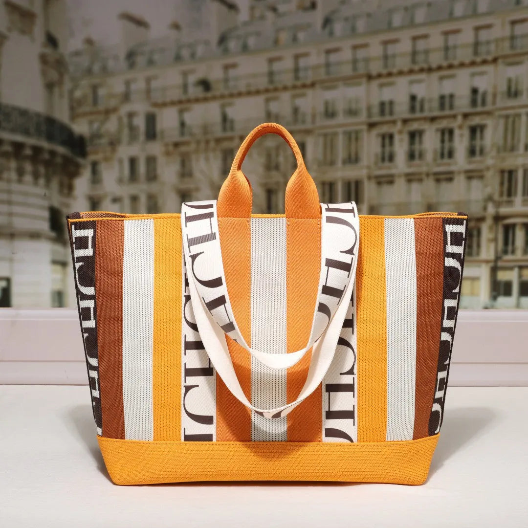 CH Women's Tote Bag Simple Stripe Design Women's Shoulder Bag Letter Print Large Capacity Commuter Style Classic Ladies Crossbod