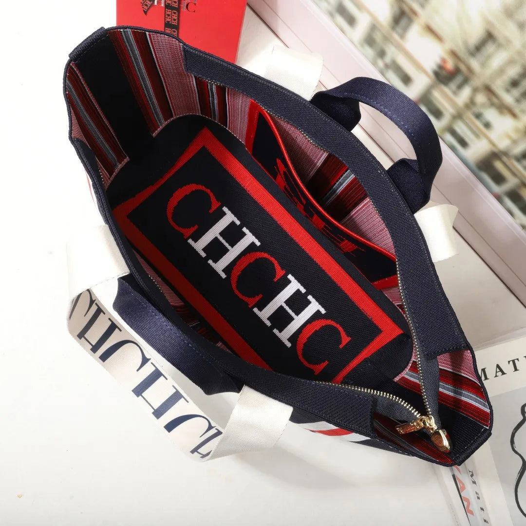 CH Women's Tote Bag Simple Stripe Design Women's Shoulder Bag Letter Print Large Capacity Commuter Style Classic Ladies Crossbod