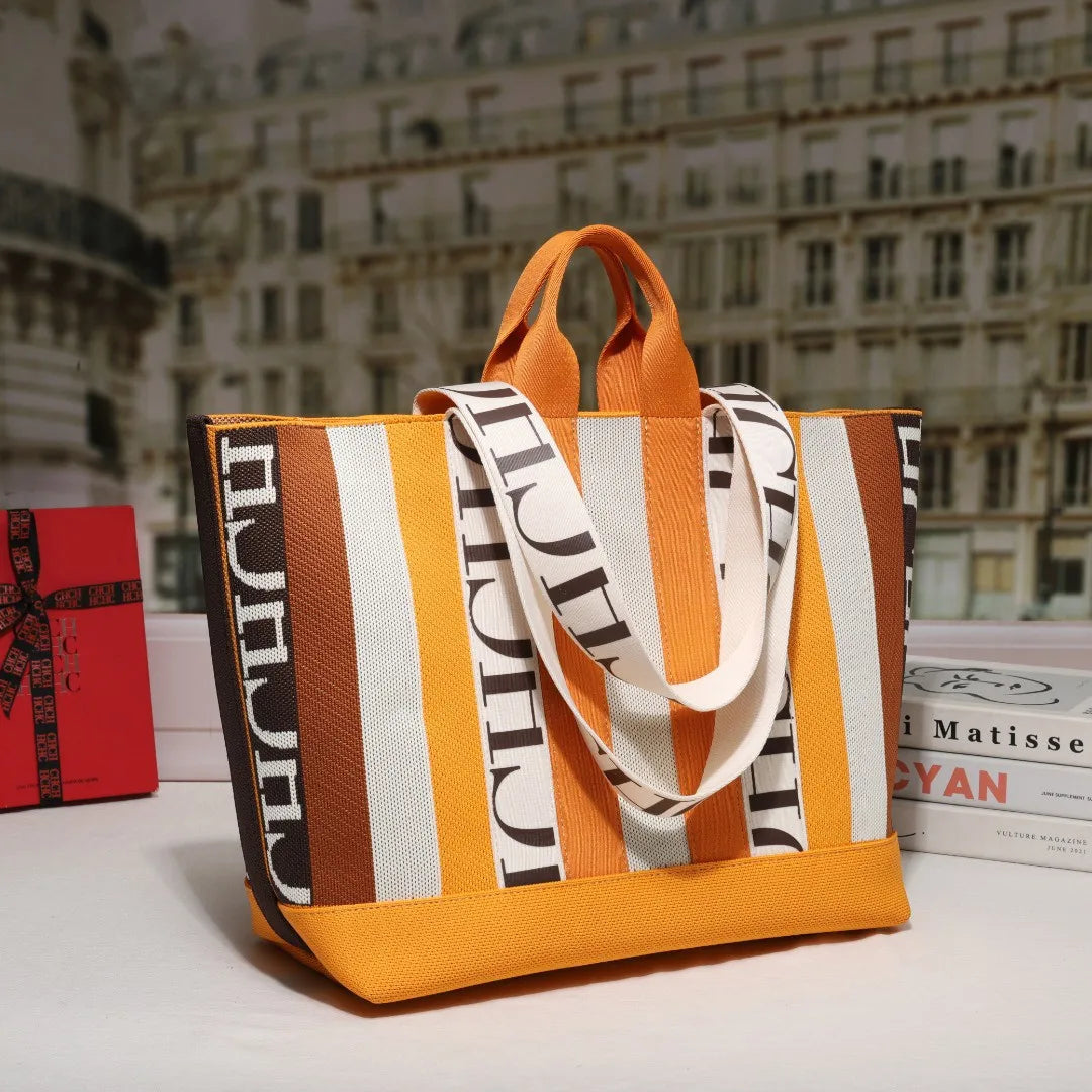CH Women's Tote Bag Simple Stripe Design Women's Shoulder Bag Letter Print Large Capacity Commuter Style Classic Ladies Crossbod