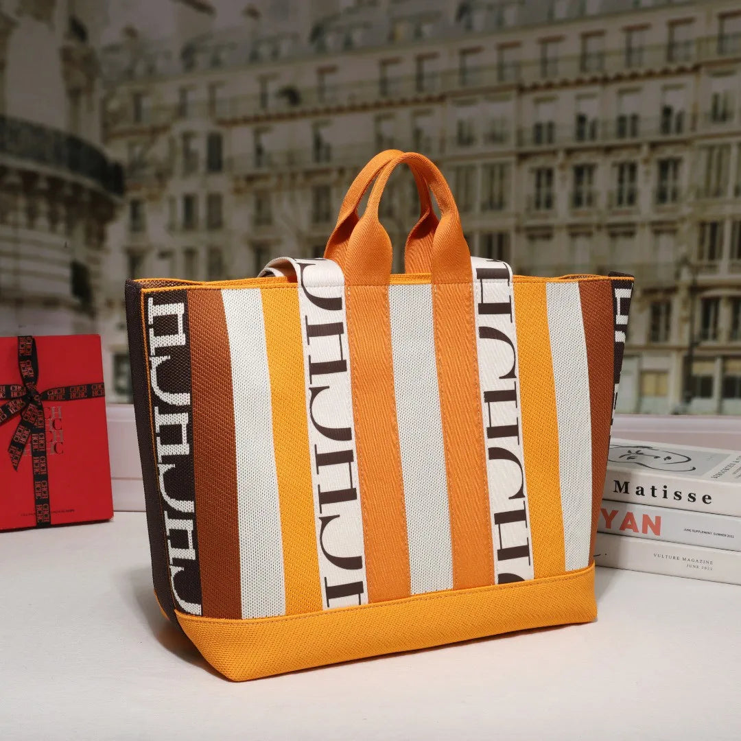 CH Women's Tote Bag Simple Stripe Design Women's Shoulder Bag Letter Print Large Capacity Commuter Style Classic Ladies Crossbod