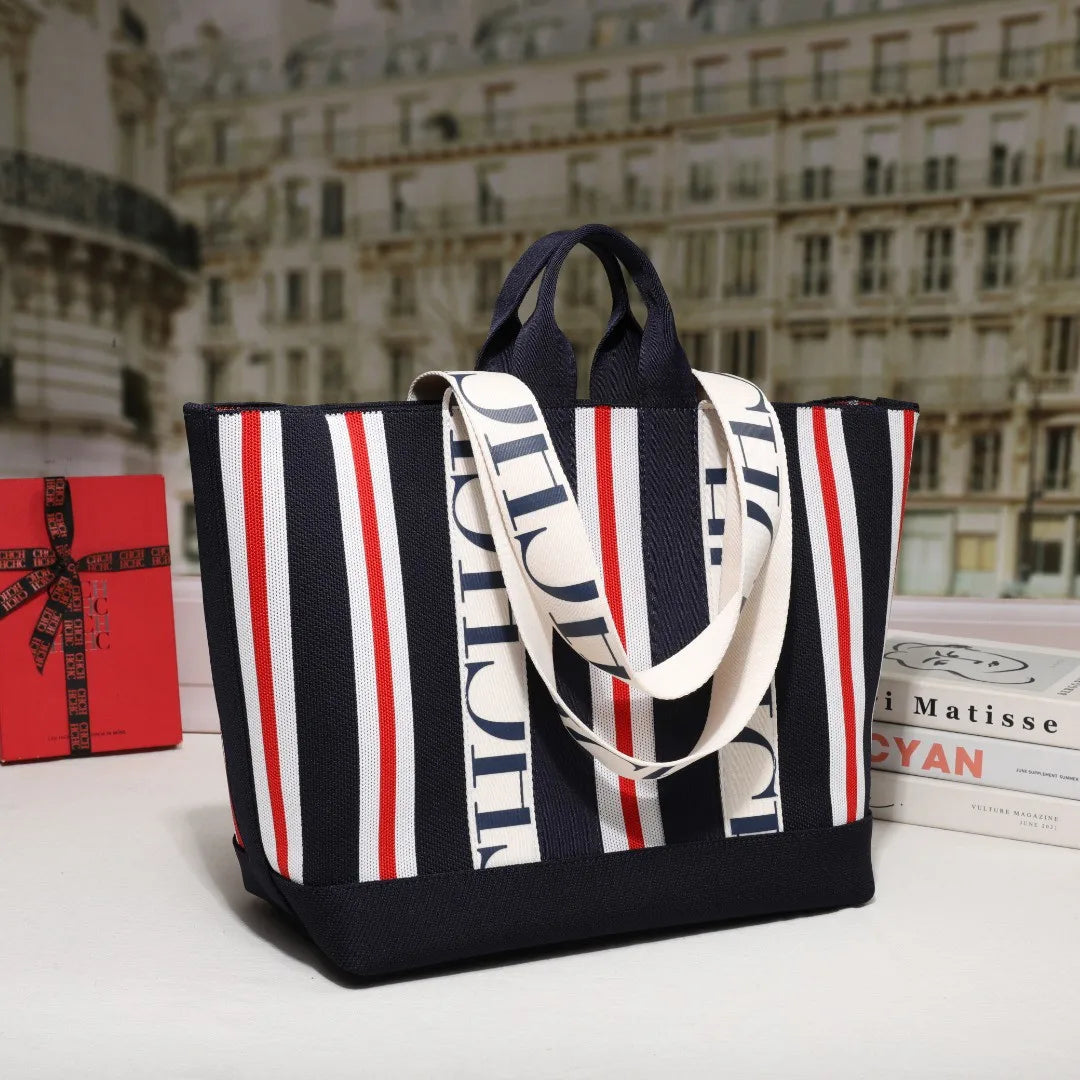 CH Women's Tote Bag Simple Stripe Design Women's Shoulder Bag Letter Print Large Capacity Commuter Style Classic Ladies Crossbod