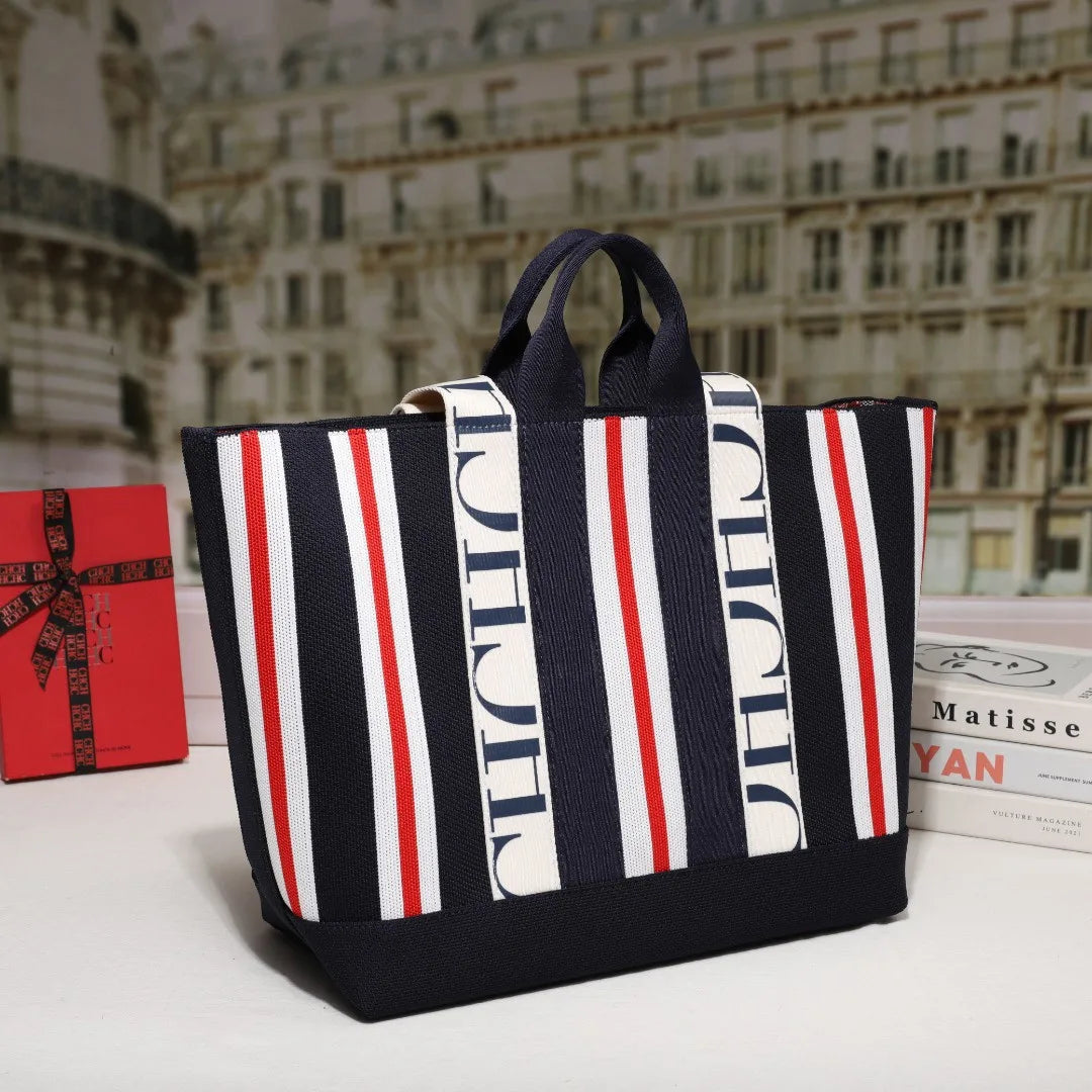 CH Women's Tote Bag Simple Stripe Design Women's Shoulder Bag Letter Print Large Capacity Commuter Style Classic Ladies Crossbod