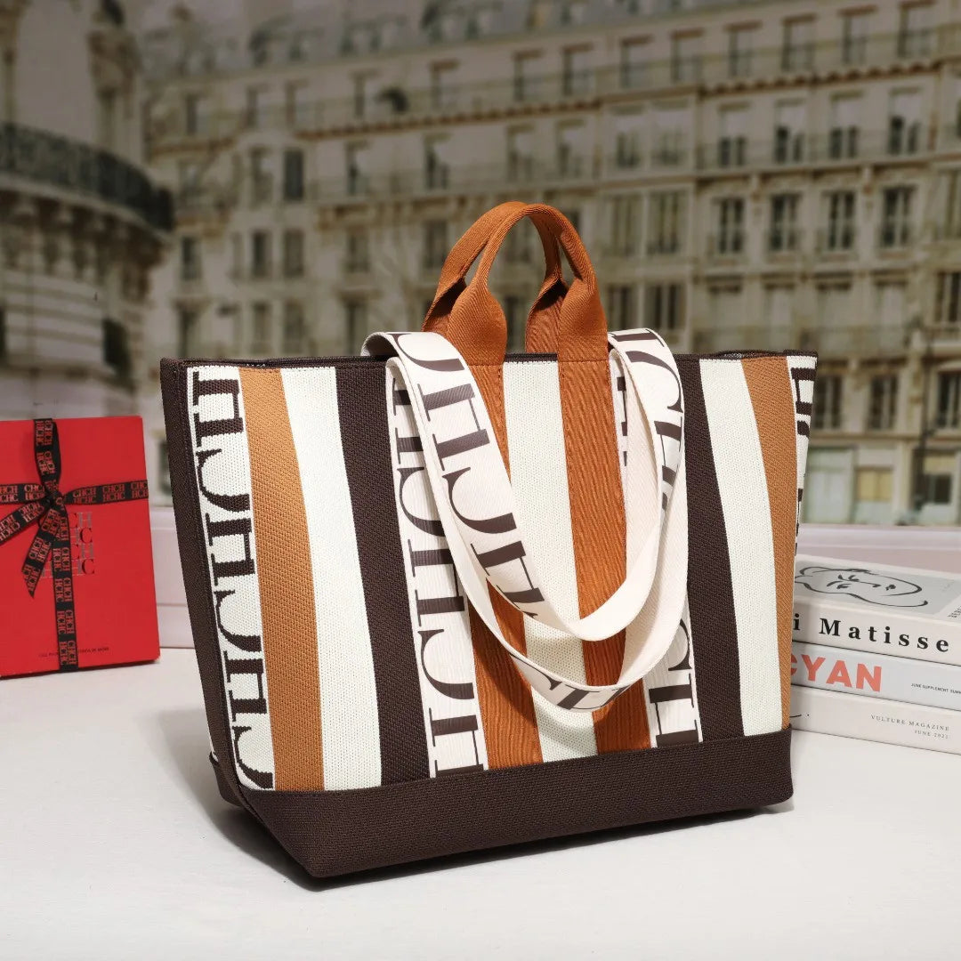 CH Women's Tote Bag Simple Stripe Design Women's Shoulder Bag Letter Print Large Capacity Commuter Style Classic Ladies Crossbod