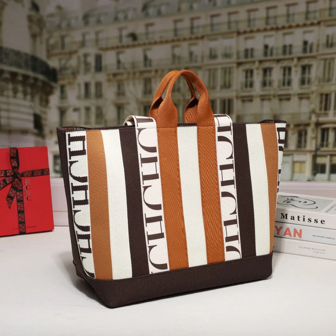 CH Women's Tote Bag Simple Stripe Design Women's Shoulder Bag Letter Print Large Capacity Commuter Style Classic Ladies Crossbod