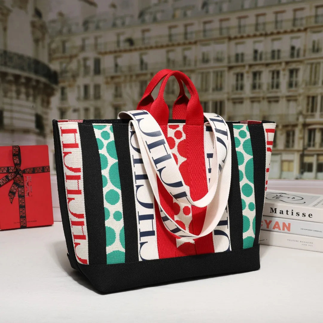 CH Women's Tote Bag Simple Stripe Design Women's Shoulder Bag Letter Print Large Capacity Commuter Style Classic Ladies Crossbod