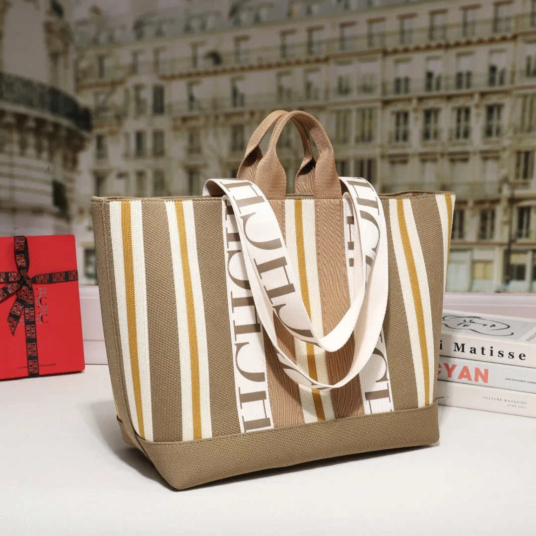 CH Women's Tote Bag Simple Stripe Design Women's Shoulder Bag Letter Print Large Capacity Commuter Style Classic Ladies Crossbod
