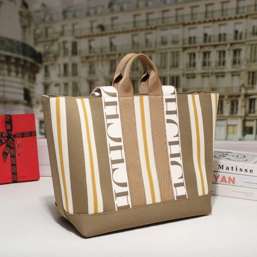 CH Women's Tote Bag Simple Stripe Design Women's Shoulder Bag Letter Print Large Capacity Commuter Style Classic Ladies Crossbod