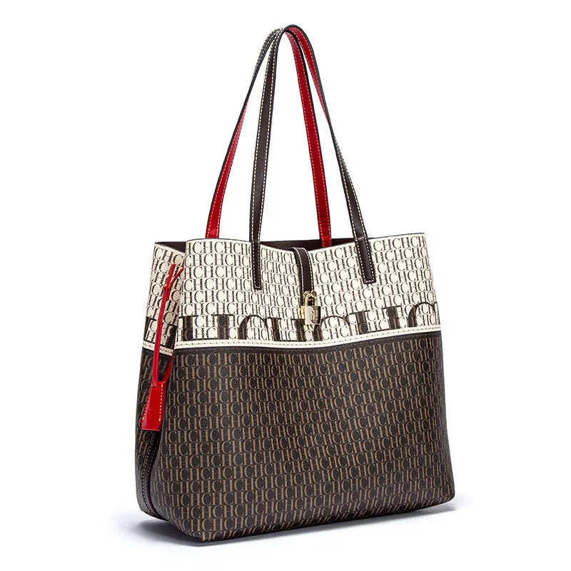 CH Alphabet Print Design Ladies Large Capacity Tote Bag Daily Commuter Ladies Fashion Shoulder Bag Premium Versatile Leather
