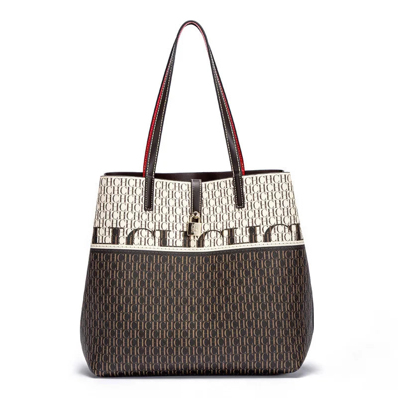 CH Alphabet Print Design Ladies Large Capacity Tote Bag Daily Commuter Ladies Fashion Shoulder Bag Premium Versatile Leather