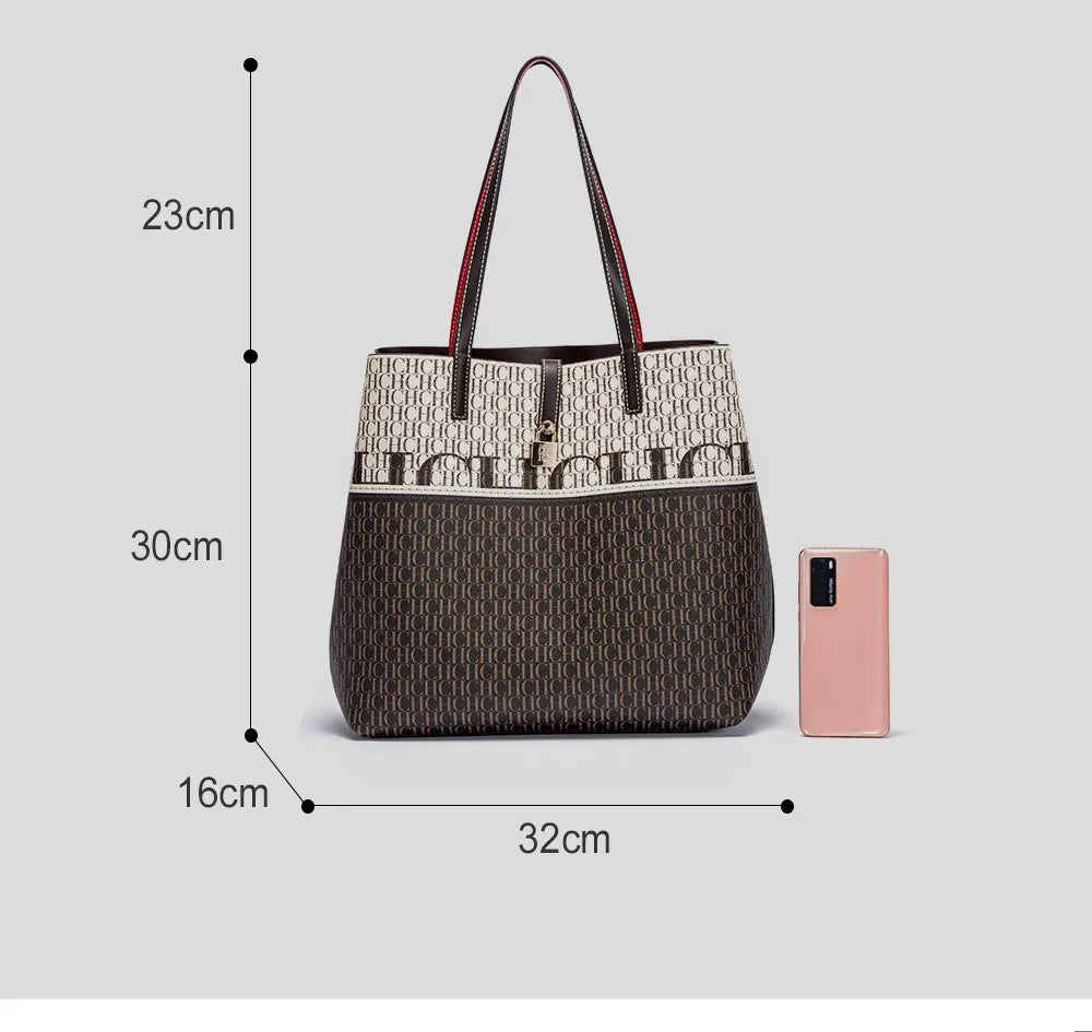 CH Alphabet Print Design Ladies Large Capacity Tote Bag Daily Commuter Ladies Fashion Shoulder Bag Premium Versatile Leather