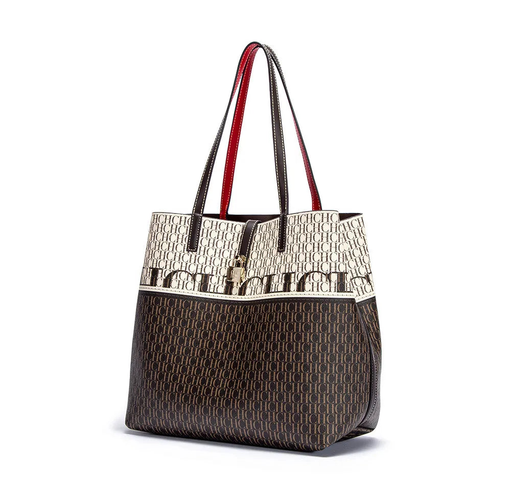 CH Alphabet Print Design Ladies Large Capacity Tote Bag Daily Commuter Ladies Fashion Shoulder Bag Premium Versatile Leather