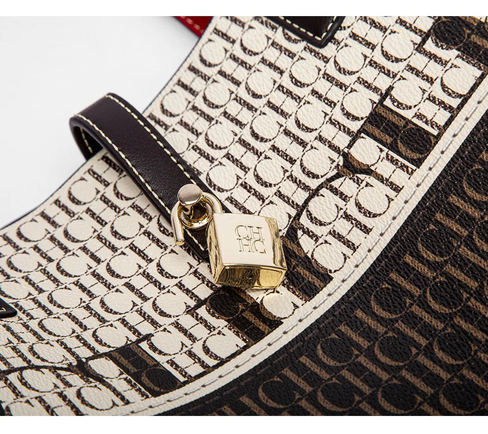 CH Alphabet Print Design Ladies Large Capacity Tote Bag Daily Commuter Ladies Fashion Shoulder Bag Premium Versatile Leather