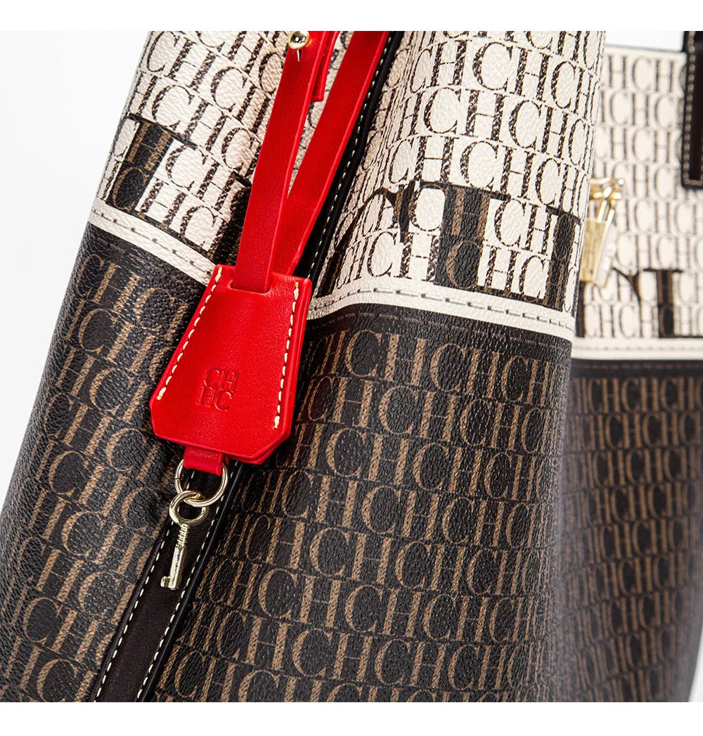 CH Alphabet Print Design Ladies Large Capacity Tote Bag Daily Commuter Ladies Fashion Shoulder Bag Premium Versatile Leather