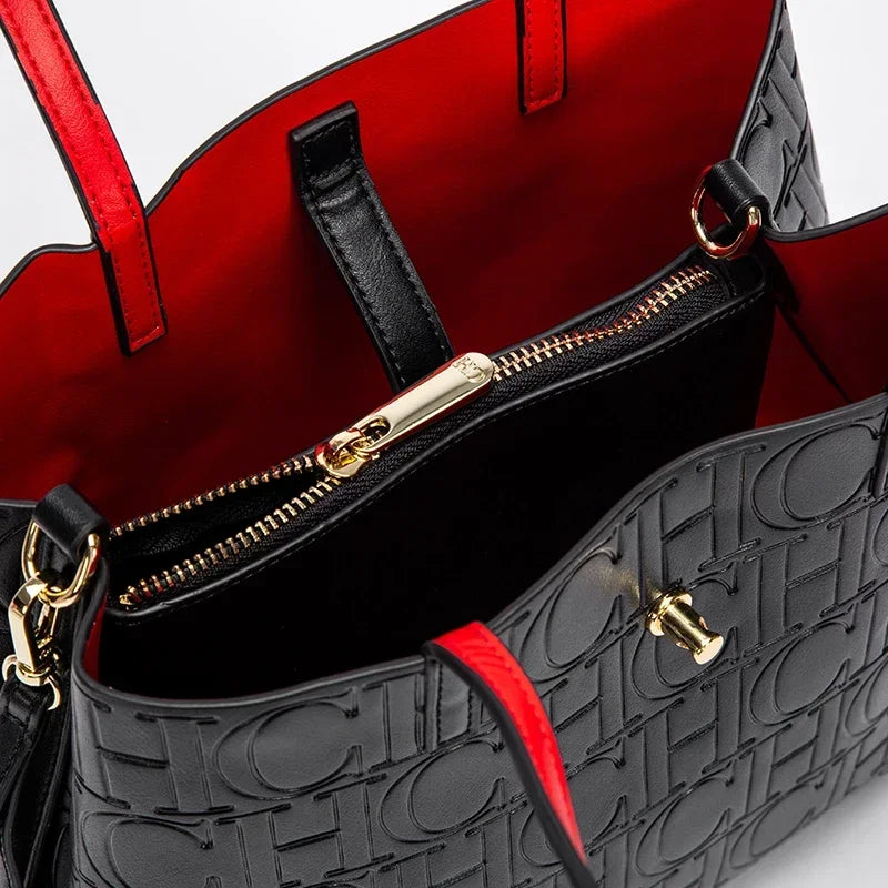CH High Quality Fashion Ladies Shoulder Bag Senior Sense Pure Colour Letter Print Design Temperament Tote Bag Large Capacity