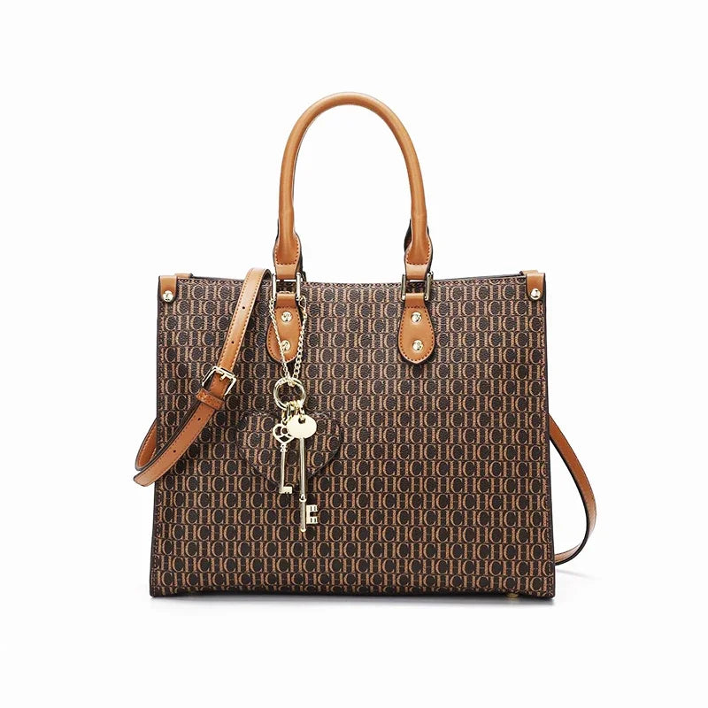 CH High Quality Hardware Tote Bag with Pendant Minimalist Style Letter Print Large Capacity Women's Commuter Shoulder Bag