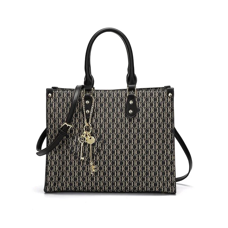 CH High Quality Hardware Tote Bag with Pendant Minimalist Style Letter Print Large Capacity Women's Commuter Shoulder Bag