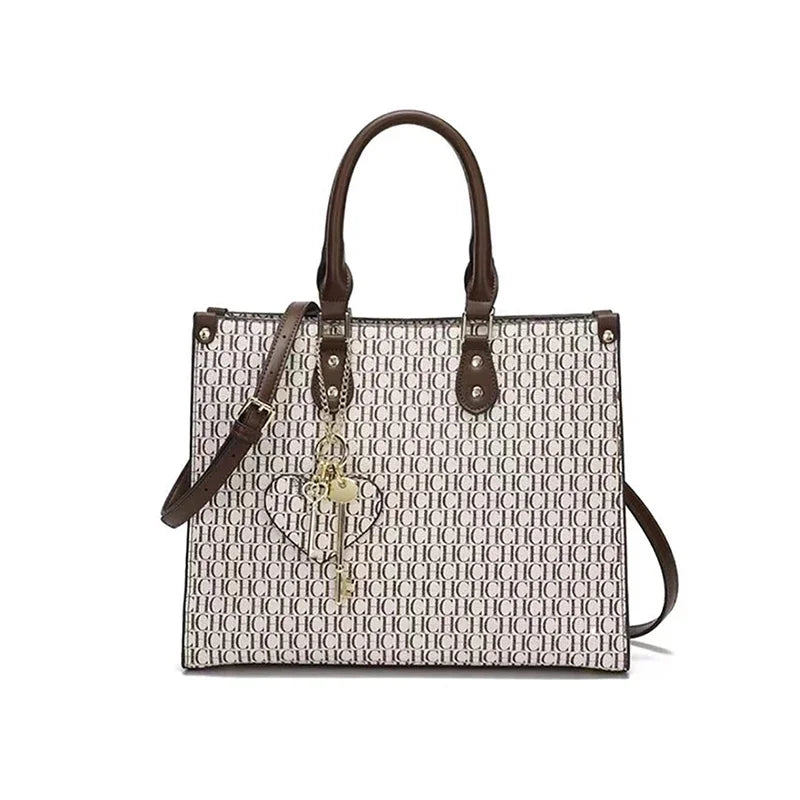 CH High Quality Hardware Tote Bag with Pendant Minimalist Style Letter Print Large Capacity Women's Commuter Shoulder Bag