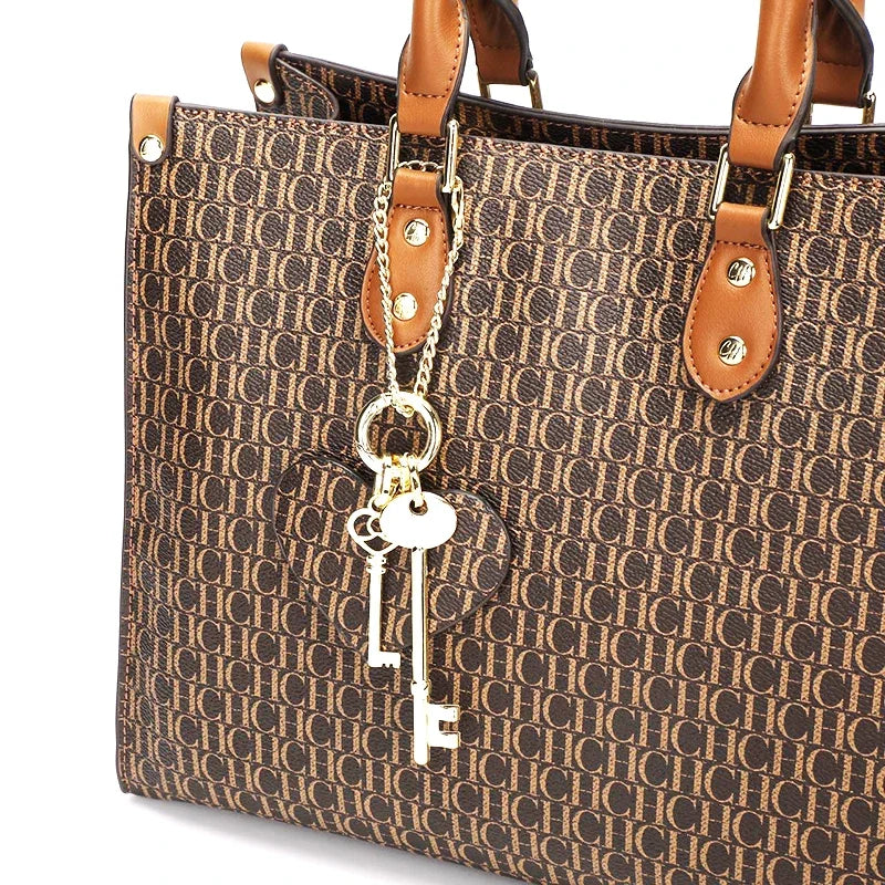 CH High Quality Hardware Tote Bag with Pendant Minimalist Style Letter Print Large Capacity Women's Commuter Shoulder Bag