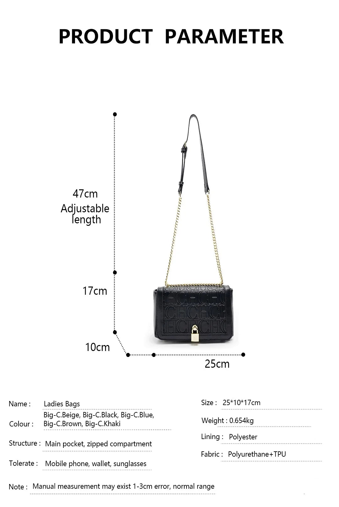CH Metal Lock Design Solid Color Brand Letter Print Women's Chain Bag Women's Versatile Commuter Fashion Flap Crossbody Bag