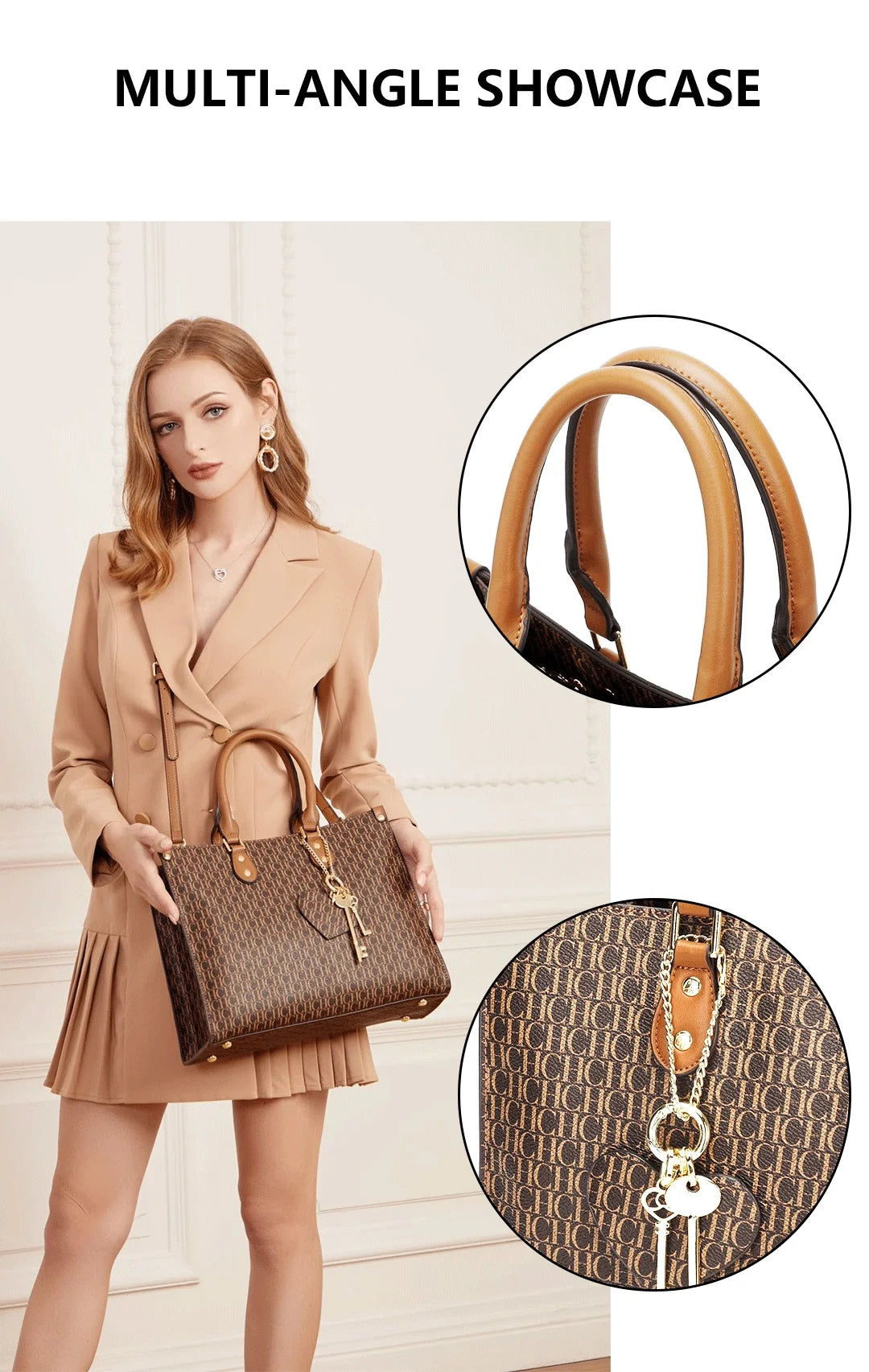 CH High Quality Hardware Tote Bag with Pendant Minimalist Style Letter Print Large Capacity Women's Commuter Shoulder Bag