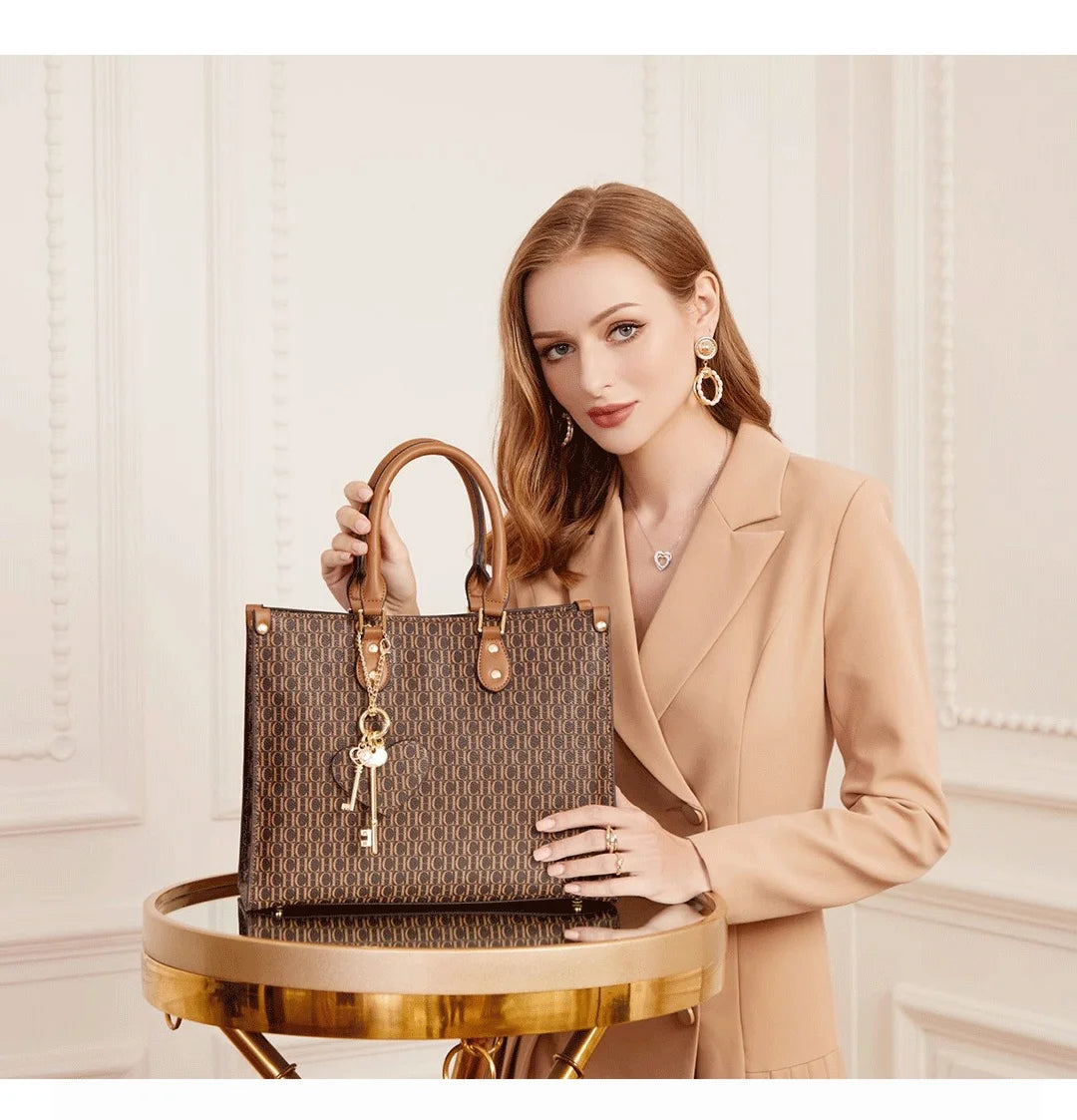 CH High Quality Hardware Tote Bag with Pendant Minimalist Style Letter Print Large Capacity Women's Commuter Shoulder Bag