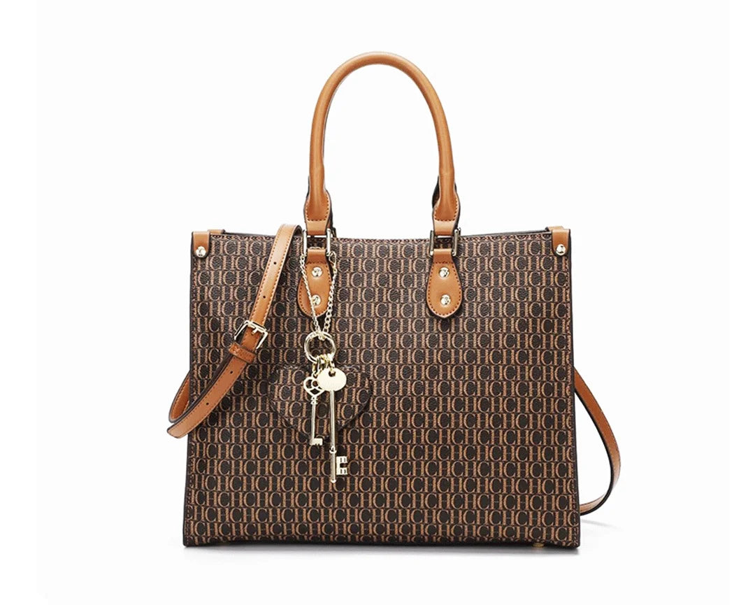 CH High Quality Hardware Tote Bag with Pendant Minimalist Style Letter Print Large Capacity Women's Commuter Shoulder Bag