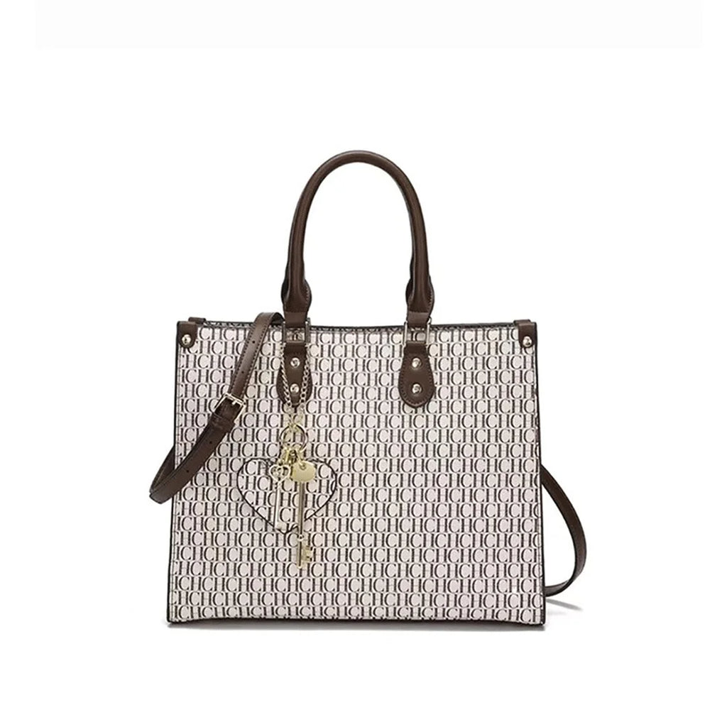 CH High Quality Hardware Tote Bag with Pendant Minimalist Style Letter Print Large Capacity Women's Commuter Shoulder Bag