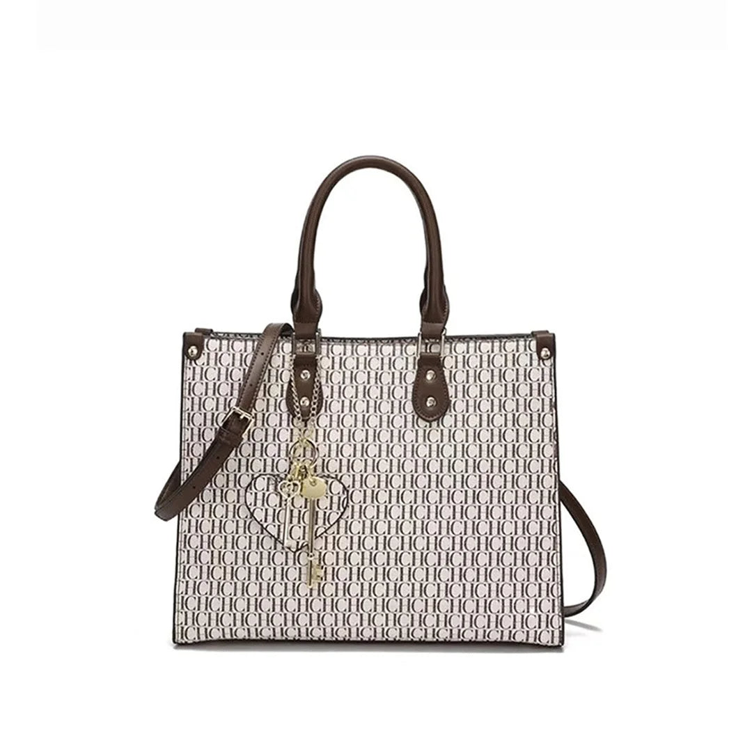 CH High Quality Hardware Tote Bag with Pendant Minimalist Style Letter Print Large Capacity Women's Commuter Shoulder Bag