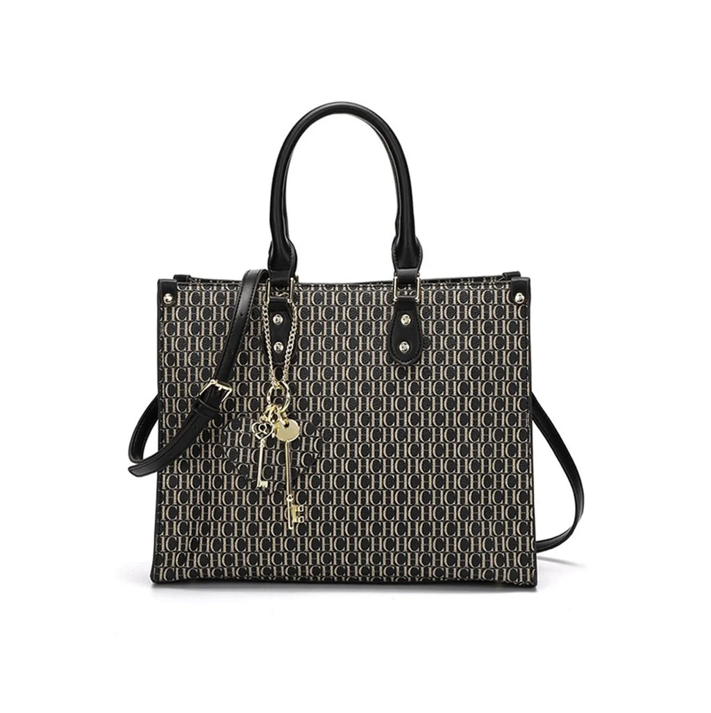 CH High Quality Hardware Tote Bag with Pendant Minimalist Style Letter Print Large Capacity Women's Commuter Shoulder Bag