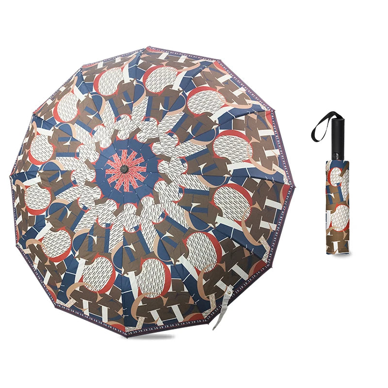 Printed Creative Letter Design Windproof Automatic Commuter Folding Umbrella Straight Handle Multifunctional Umbrella