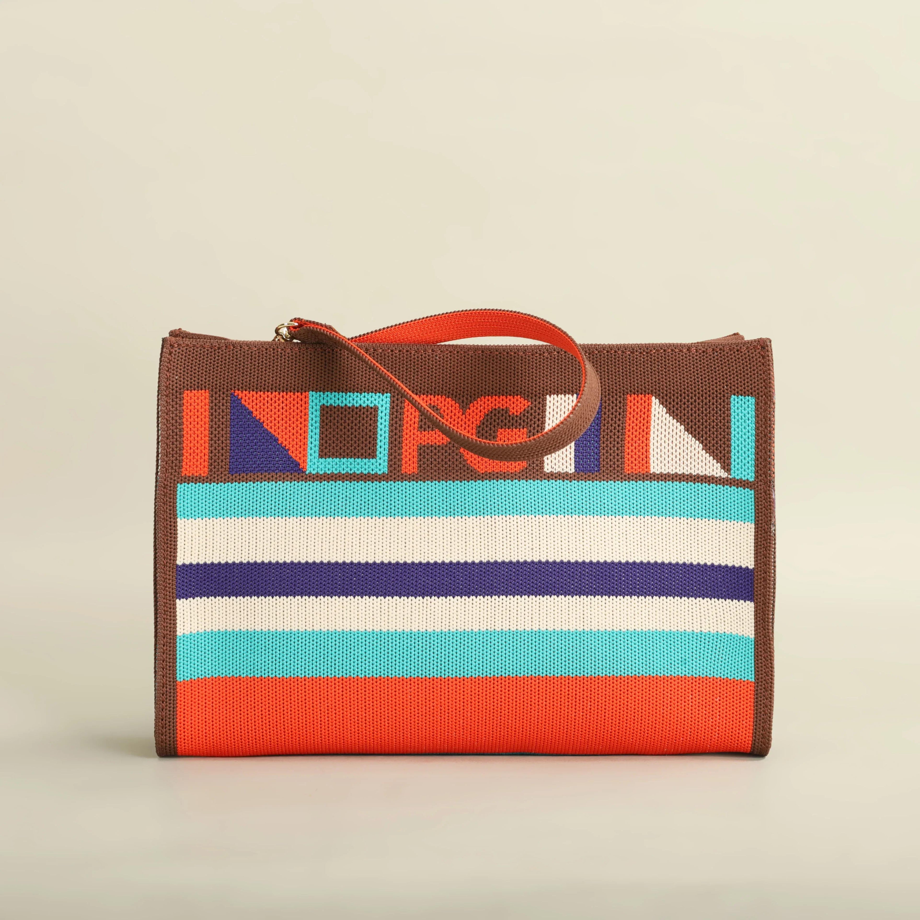 Niche Brand Design Women's Large-Capacity Tote Bag - Casual Light Luxury Striped Geometric Pattern, Zipper Closure, Durable Polyester, Red/Turquoise/Blue for Daily Commuting