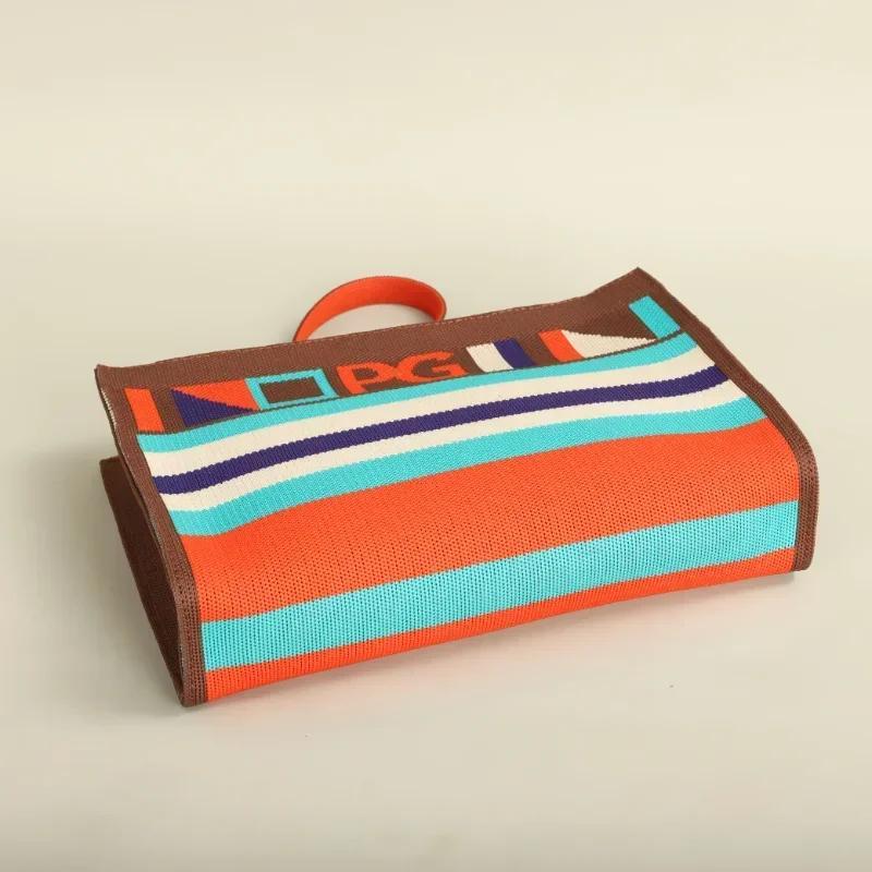Niche Brand Design Women's Large-Capacity Tote Bag - Casual Light Luxury Striped Geometric Pattern, Zipper Closure, Durable Polyester, Red/Turquoise/Blue for Daily Commuting