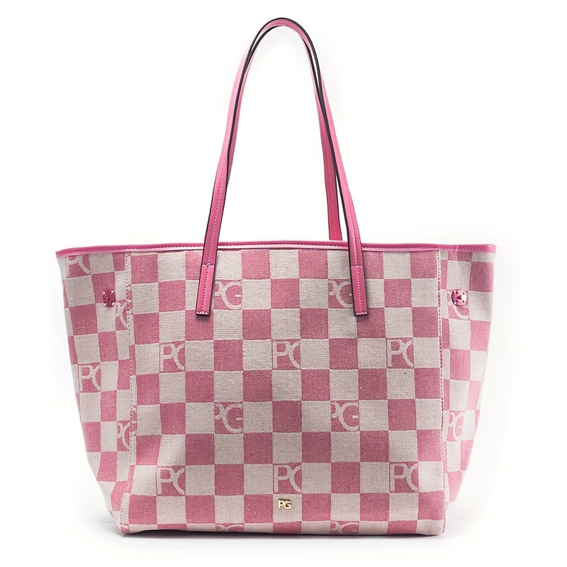PG Women'S High-End Outdoor Tote Bag - Large Capacity, Versatile Commuter Handbag with Fixed Shoulder Straps, Zipper Closure, Canvas Lining, Black/Pink/Blue, Commuter Shoulder Bag | Checkered Pattern Bag | Durable Canvas Lining