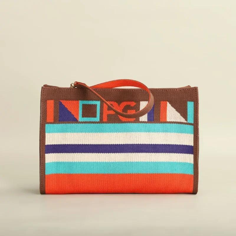 Niche Brand Design Women's Large-Capacity Tote Bag - Casual Light Luxury Striped Geometric Pattern, Zipper Closure, Durable Polyester, Red/Turquoise/Blue for Daily Commuting