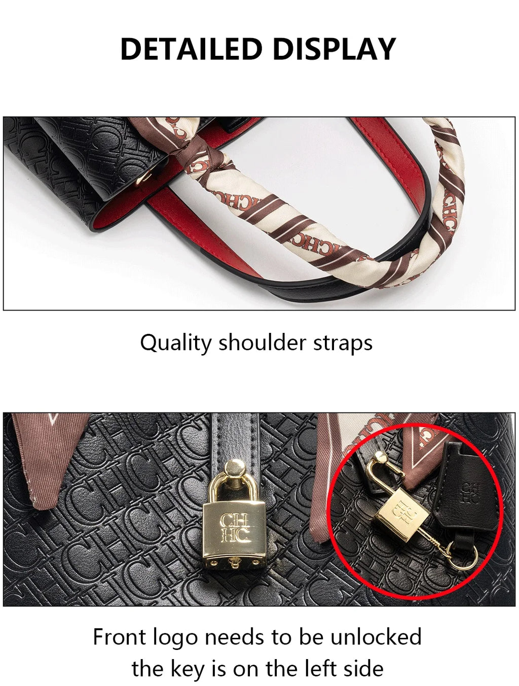 CH Fashion Brand Shoulder Bag for Women Large Capacity Casual Hard Bag with Letters Embossed PU Leather Womenswear